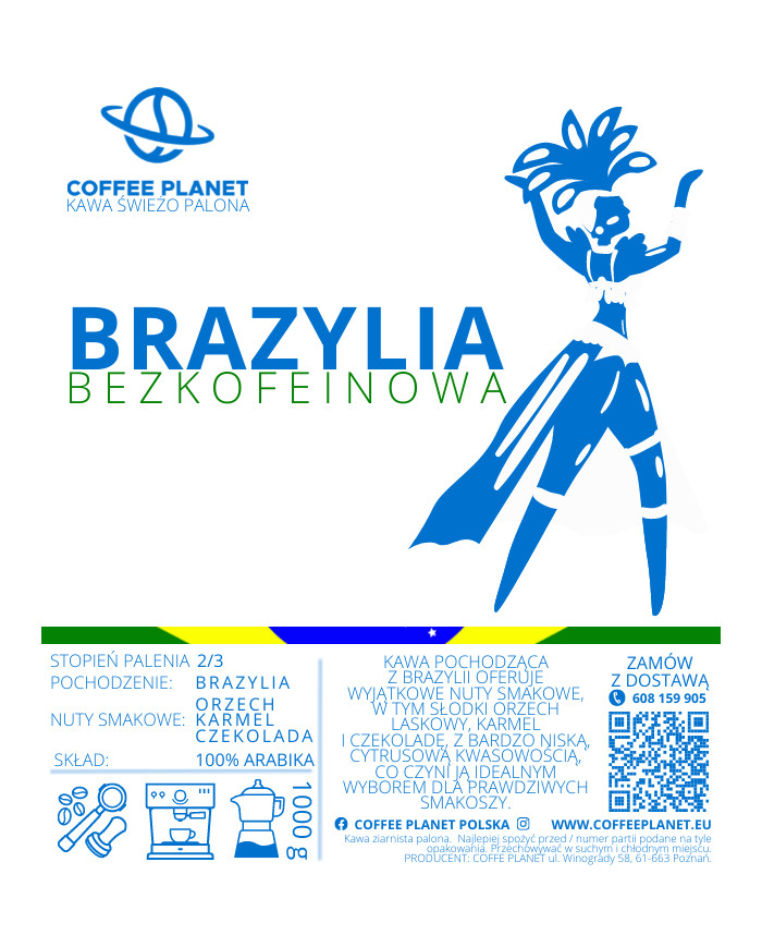 KAWA BRAZYLIA BEZKOFEINOWA 100% arabiki 1000g