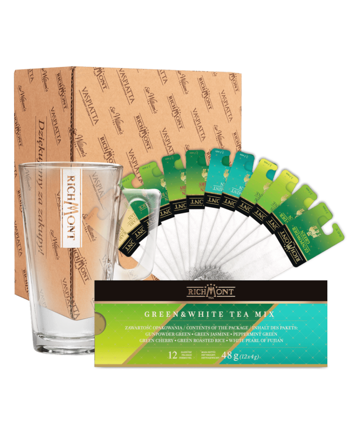 Zestaw Mix Zielonych i Białych Herbat Richmont + Szklanka Richmont Hot
